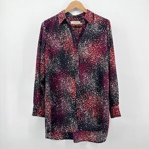 Foxcroft NYC Women's Black Speckled Print Button Down Shirt Size 14 Hi-Lo Office